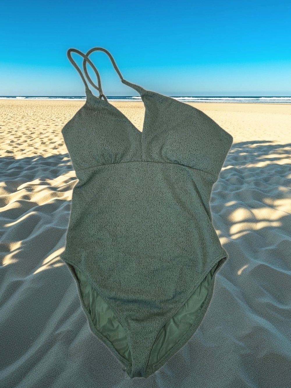 VIX Classic Olive Green One-Piece Asymmetrical Crinkle Swimsuit for Women Size M